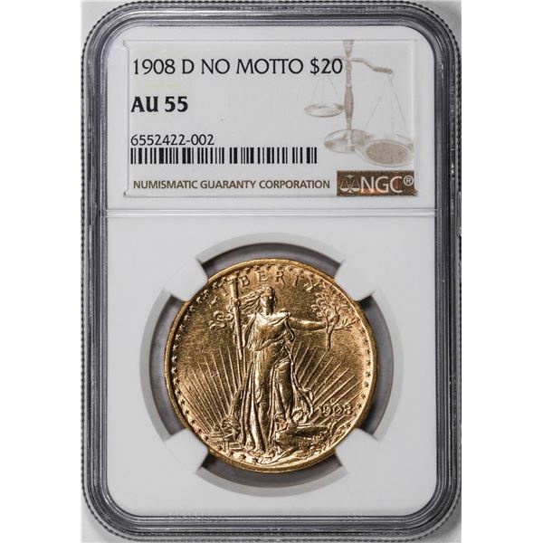 1908-D No Motto $20 St. Gaudens Double Eagle Gold Coin NGC AU58