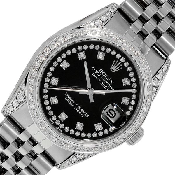 Rolex Men's Stainless Steel Black String Diamond Datejust Wristwatch