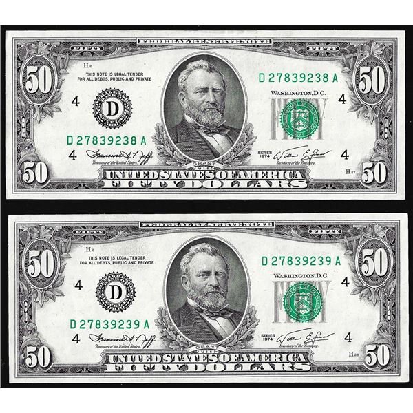 Lot of (2) Consecutive 1974 $50 Federal Reserve Notes Cleveland