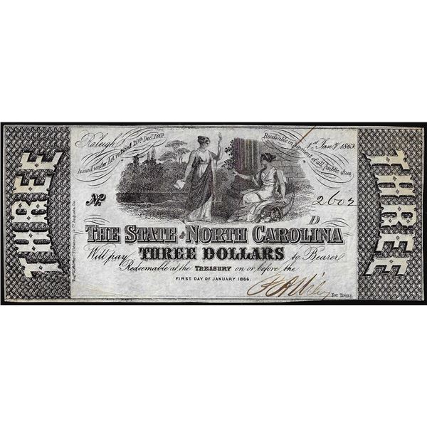 1863 $3 State of North Carolina Raleigh Obsolete Note