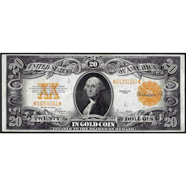 1922 $20 Gold Certificate Note