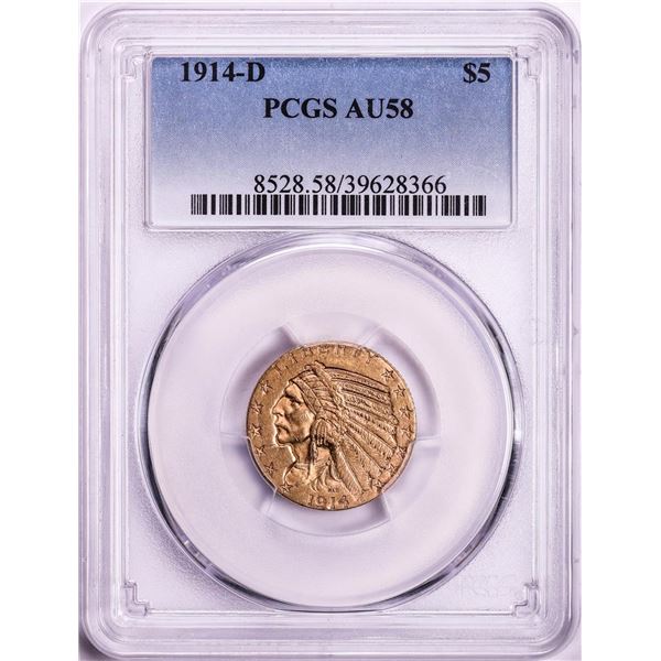 1914-D $5 Indian Head Half Eagle Gold Coin PCGS AU58