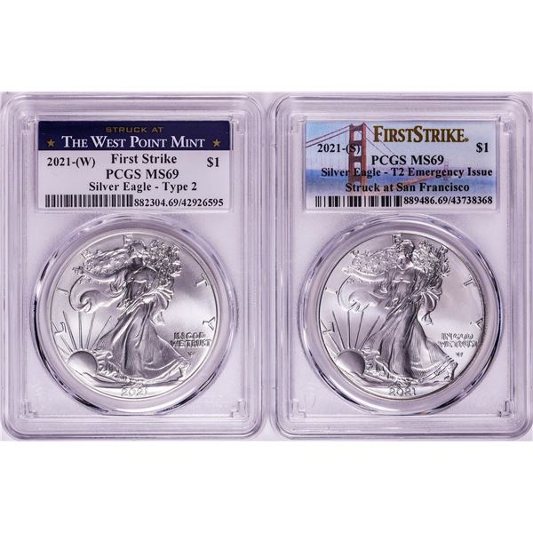 Lot of 2021-(S) & (W) Type 2 $1 American Silver Eagle Coins PCGS MS69 First Strike
