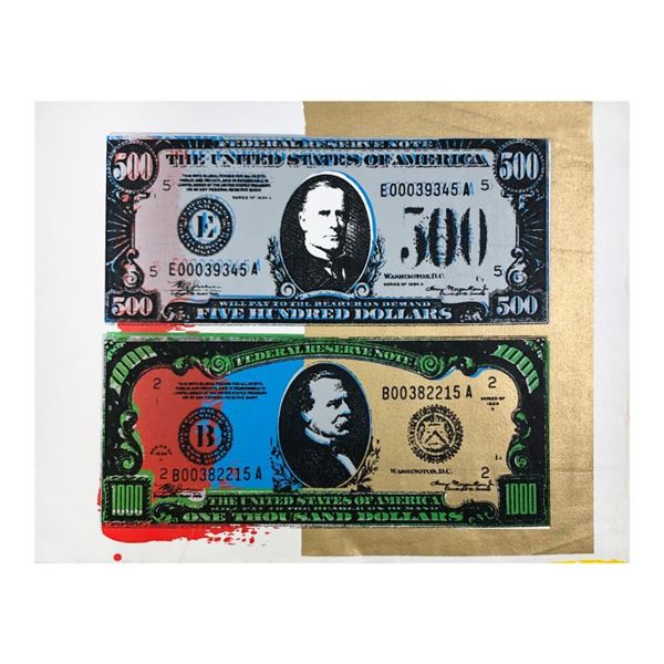 Steve Kaufman "500 And 1000 Dollar Bills" Original Mixed Media On Canvas