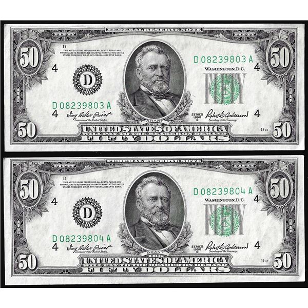 Lot of (2) Consecutive 1950B $50 Federal Reserve Notes Cleveland
