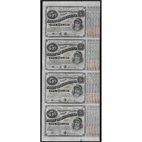 Uncut Sheet of (4) State of Louisiana Baby Bond Obsolete Notes