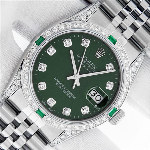 Rolex Men's Stainless Steel Green Diamond & Emerald Datejust Wristwatch