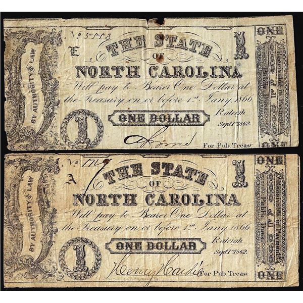 Lot of (2) 1862 $1 State of North Carolina Raleigh Obsolete Notes