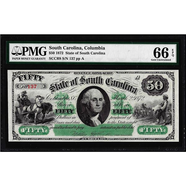 1872 $50 State of South Carolina Obsolete Note PMG Gem Uncirculated 66EPQ