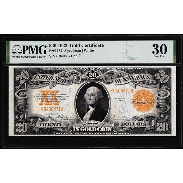 1922 $20 Gold Certificate Note Fr.1187 PMG Very Fine 30