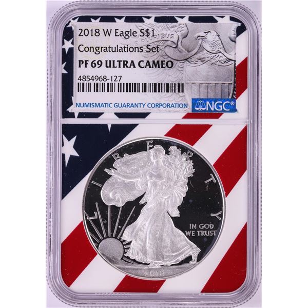 2018-W $1 Proof American Silver Eagle Coin NGC PF69 Ultra Cameo Congratulations Flag