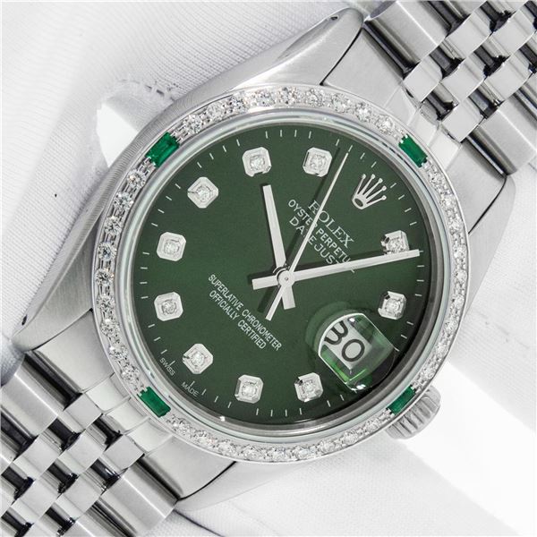 Rolex Men's Stainless Steel Green Vignette Diamond Datejust Wristwatch