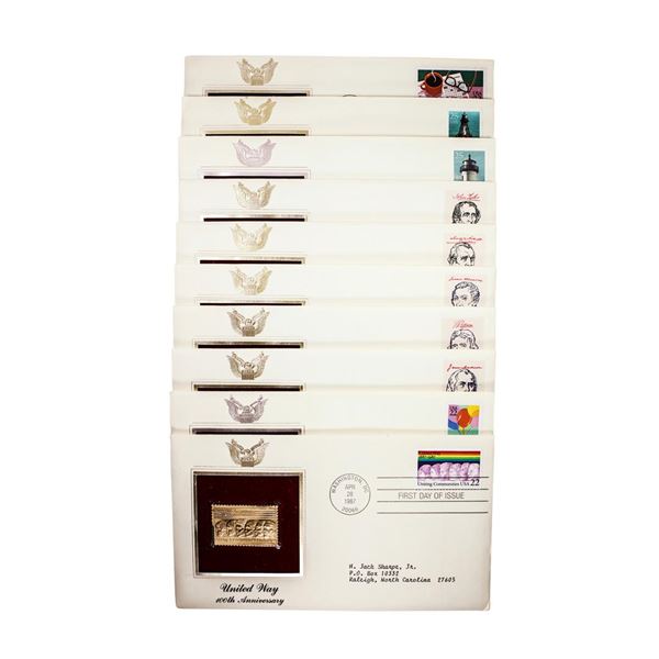 Lot of (10) First Day Of Issue 22KT Gold Replica Stamps in Envelopes