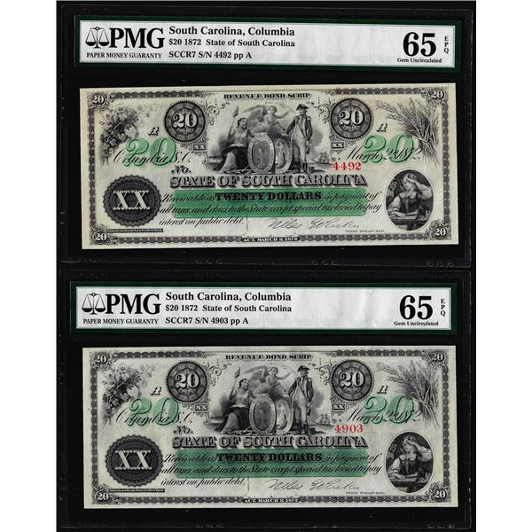 Lot of (2) 1872 $20 State of South Carolina Obsolete Note PMG Gem Uncirculated 65EPQ