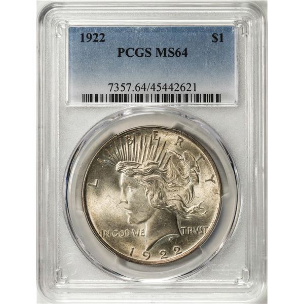 1922 $1 Peace Silver Dollar Coin PCGS MS64