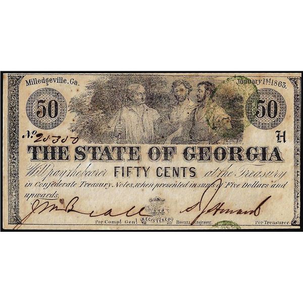 1863 Fifty Cents State of Georgia Milledgeville, GA Obsolete Note