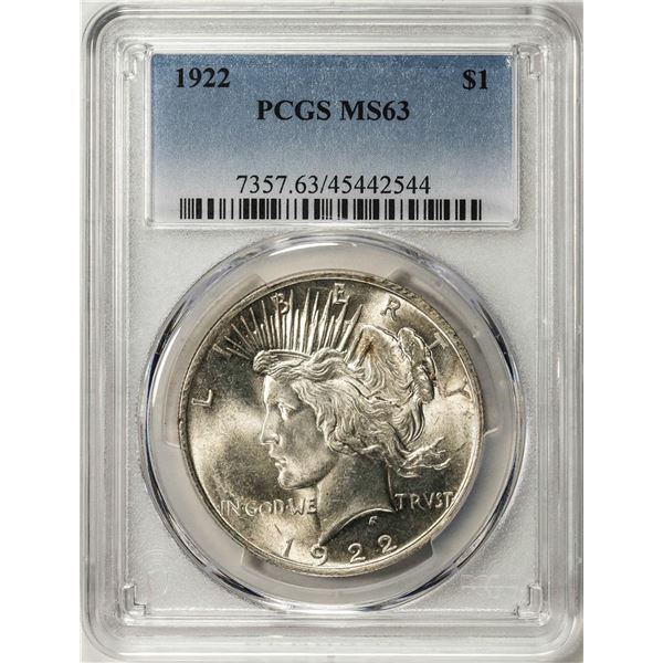 1922 $1 Peace Silver Dollar Coin PCGS MS63