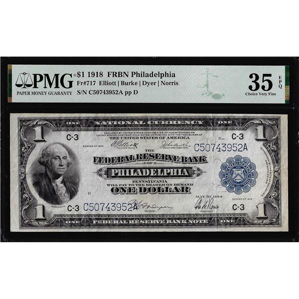1918 $1 Federal Reserve Bank Note Philadelphia Fr.717 PMG Choice Very Fine 35EPQ