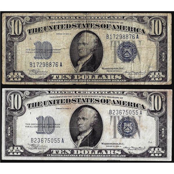 Lot of (2) 1934A $10 Silver Certificate Notes