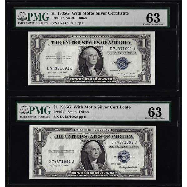 (2) Consecutive 1935G w/ Motto $1 Silver Certificate Notes PMG Choice Uncirculated 63