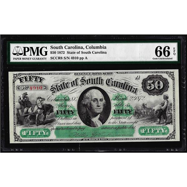 1872 $50 State of South Carolina Obsolete Note PMG Gem Uncirculated 66EPQ