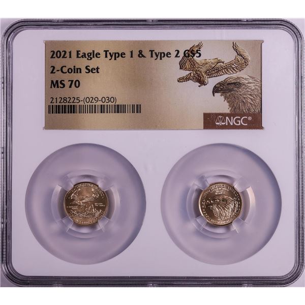 Set of 2021 Type 1 & Type 2 $5 American Gold Eagle Coins NGC MS70