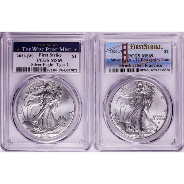 Lot of 2021-(S) & (W) Type 2 $1 American Silver Eagle Coins PCGS MS69 First Strike