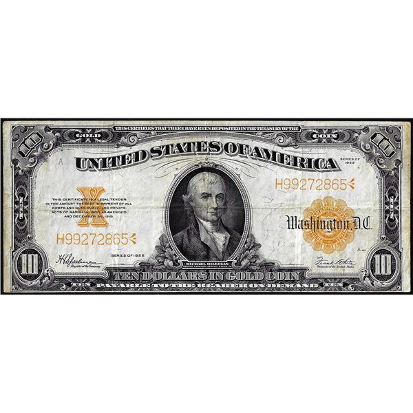 1922 $10 Gold Certificate Note