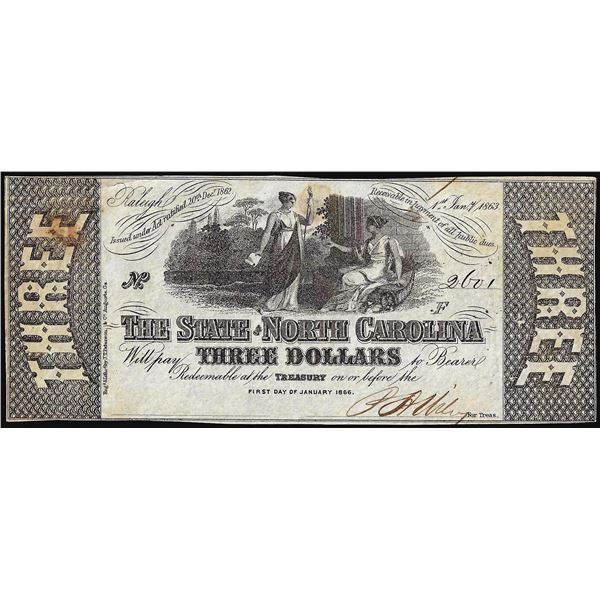 1863 $3 State of North Carolina Raleigh Obsolete Note
