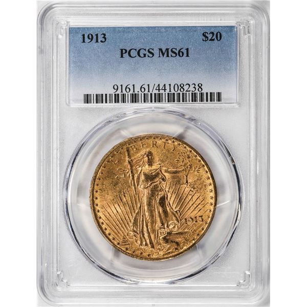 1913 $20 St Gaudens Double Eagle Gold Coin PCGS MS61