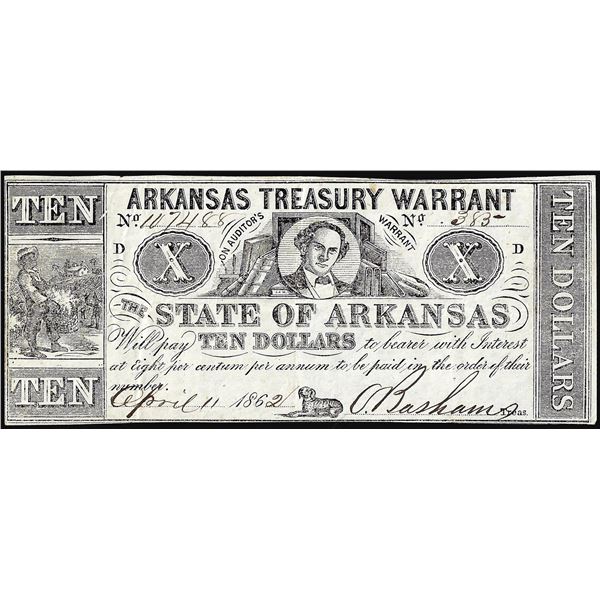 1862 $10 Arkansas Treasury Warrant Little Rock, AR Obsolete Note