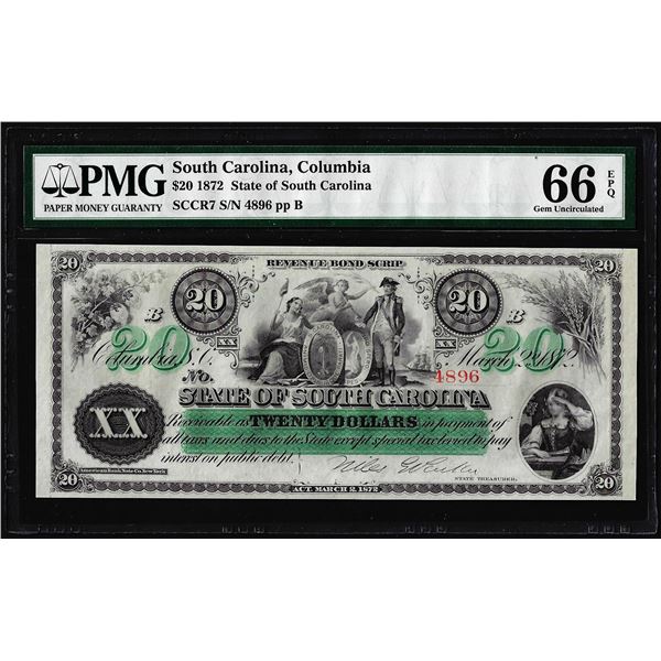 1872 $20 State of South Carolina Obsolete Note PMG Gem Uncirculated 66EPQ