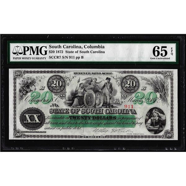1872 $20 State of South Carolina Obsolete Note PMG Gem Uncirculated 65EPQ