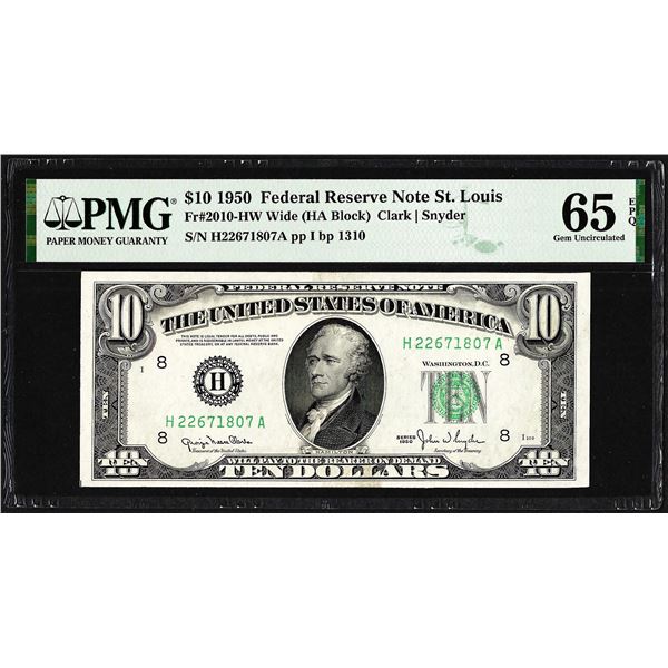 1950 $10 Federal Reserve Note St. Louis Fr.2010-HW PMG Gem Uncirculated 65EPQ