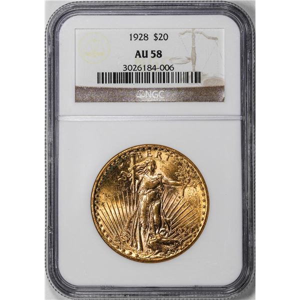 1928 $20 St. Gaudens Double Eagle Gold Coin NGC AU58