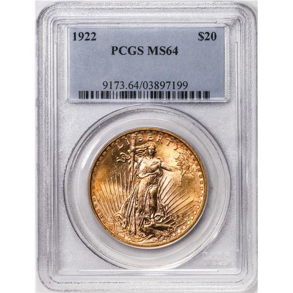 1922 $20 St. Gaudens Double Eagle Gold Coin PCGS MS64