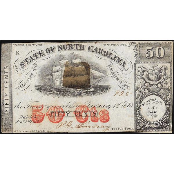 1870 Fifty Cents State of North Carolina Raleigh Obsolete Note