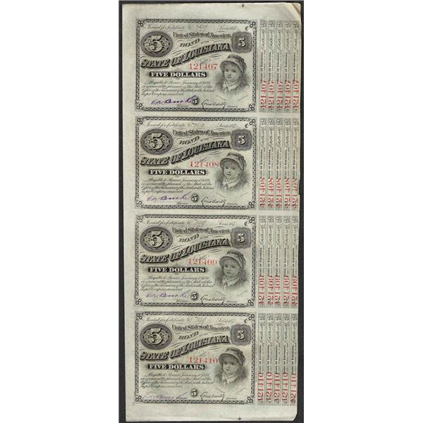 Uncut Sheet of (4) State of Louisiana Baby Bond Obsolete Notes