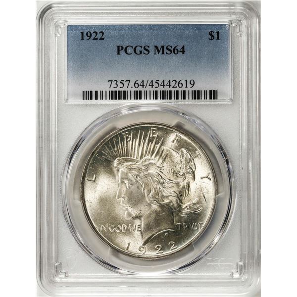 1922 $1 Peace Silver Dollar Coin PCGS MS64