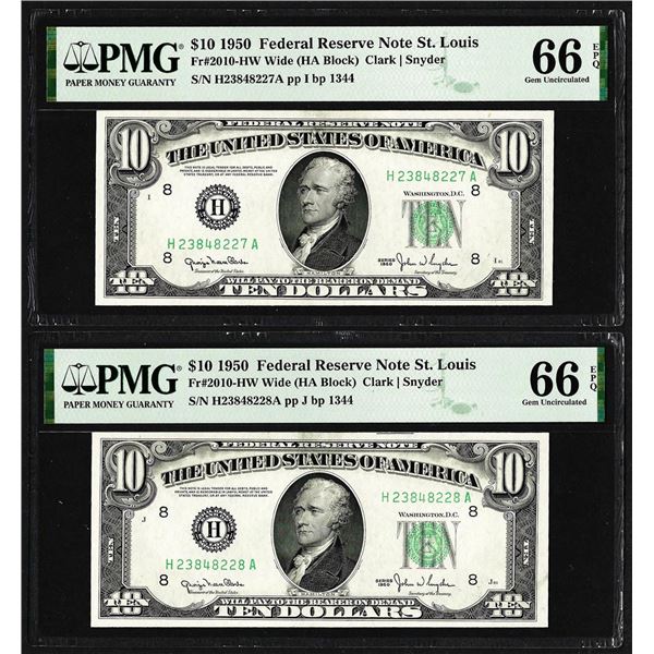 Lot of (2) Consecutive 1950 $10 Federal Reserve Notes STL PMG Gem Uncirculated 66EPQ