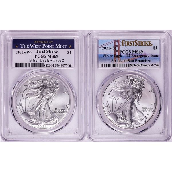 Lot of 2021-(S) & (W) Type 2 $1 American Silver Eagle Coins PCGS MS69 First Strike