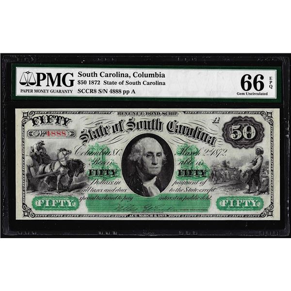 1872 $50 State of South Carolina Obsolete Note PMG Gem Uncirculated 66EPQ