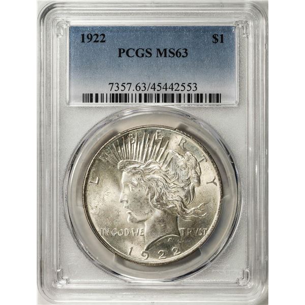 1922 $1 Peace Silver Dollar Coin PCGS MS63