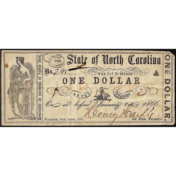 1866 $1 State of North Carolina Raleigh Obsolete Note