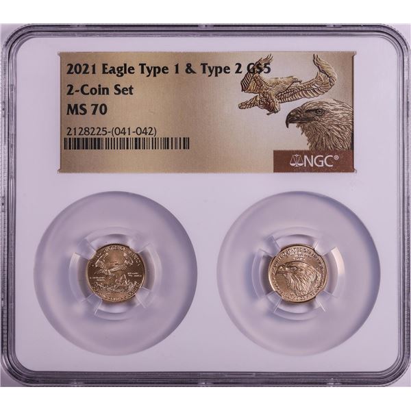 Set of 2021 Type 1 & Type 2 $5 American Gold Eagle Coins NGC MS70