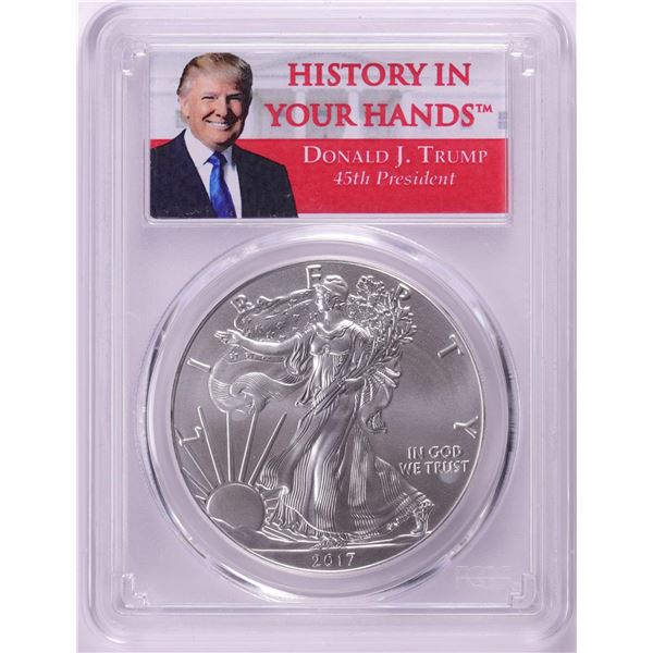 2017 $1 American Silver Eagle Coin PCGS MS70 First Strike Donald Trump Label