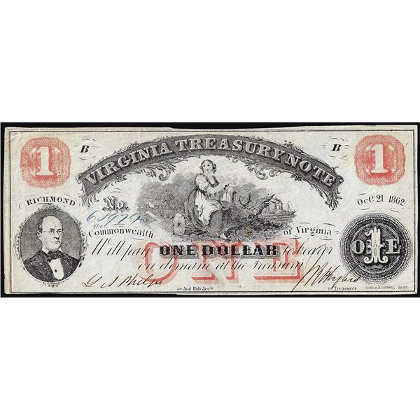 1862 $1 Virginia Treasury Obsolete Note