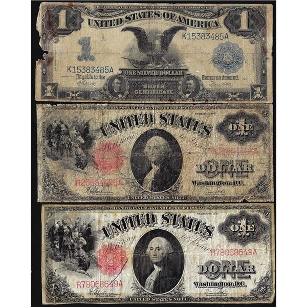 Lot of 1899 $1 Black Eagle Silver Certificate Note & (2) 1917 $1 Legal Tender Notes
