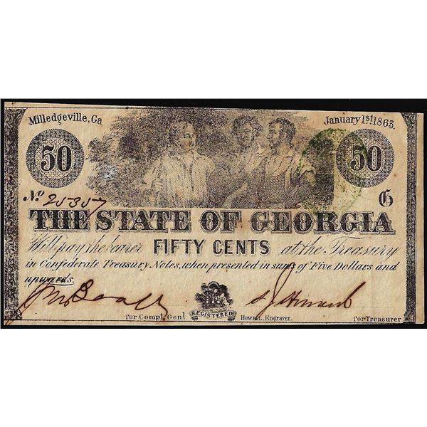 1863 Fifty Cents State of Georgia Milledgeville, GA Obsolete Note