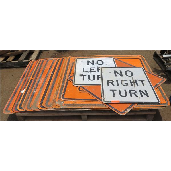 Multiple Street Signs: No Right/Left Turn, Road Work Ahead, etc